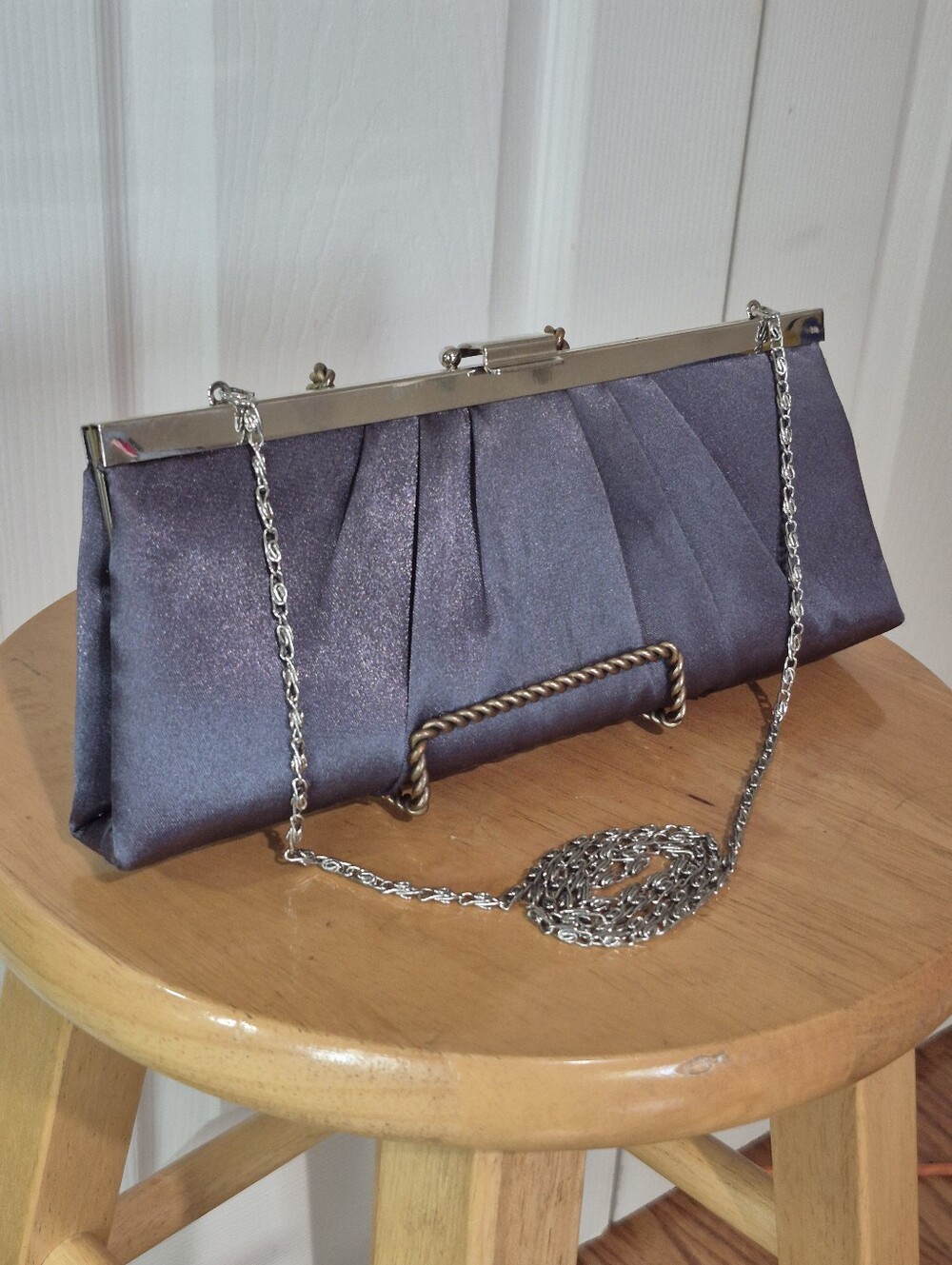 Jessica McClintock silver satin evening bag - Picture 2 of 12